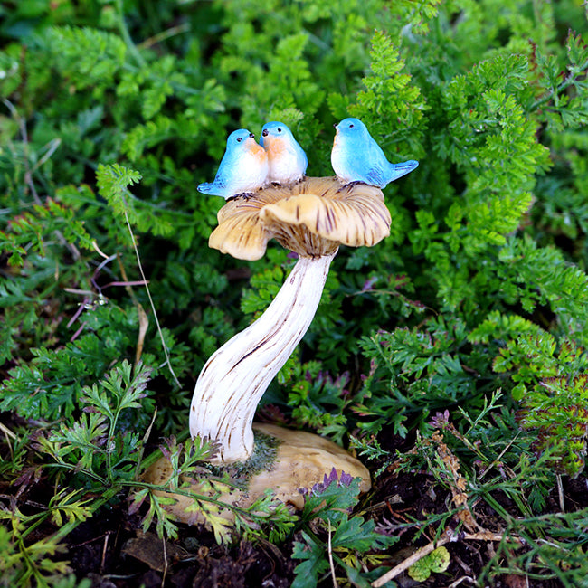 Bluebirds with Mushroom Birdbath