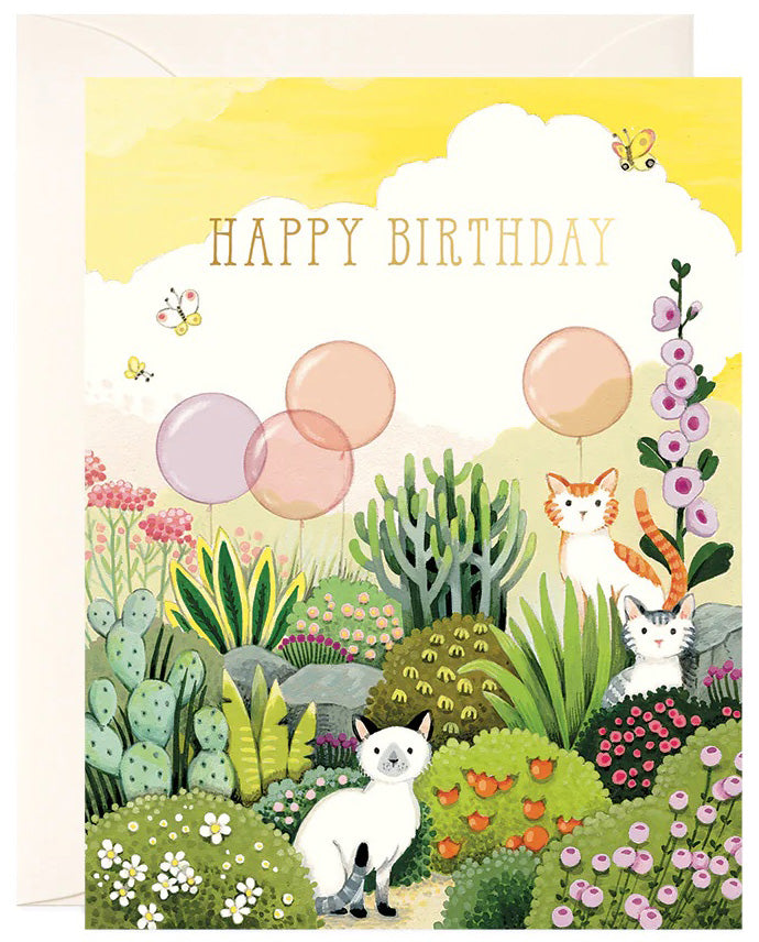 Cats in Garden Birthday Card