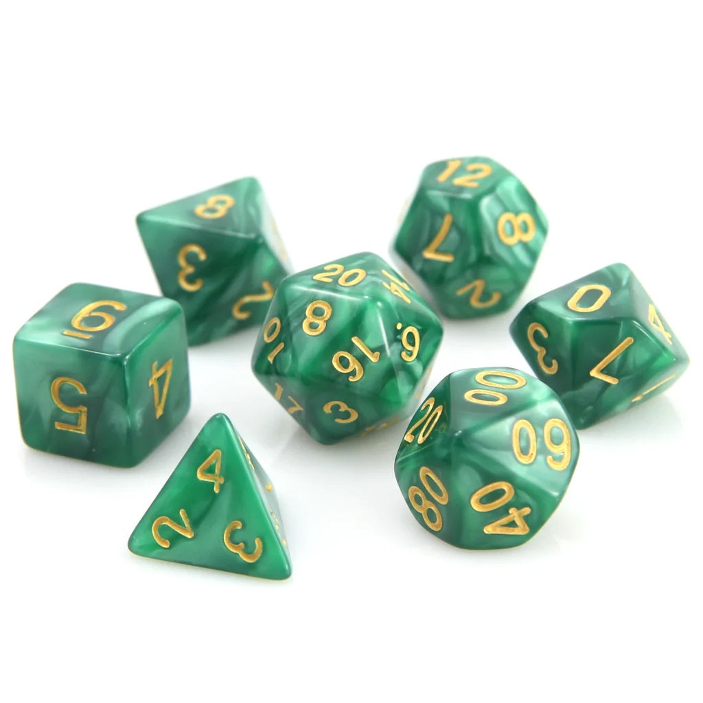 7-Die RPG Dice Set: Green Swirl with Gold