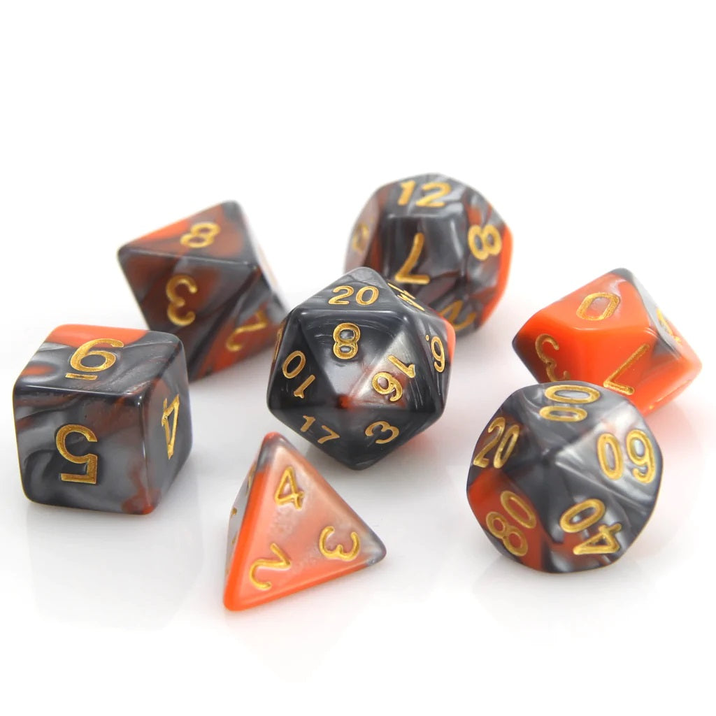 7-Die RPG Dice Set: Silver & Orange Alloy