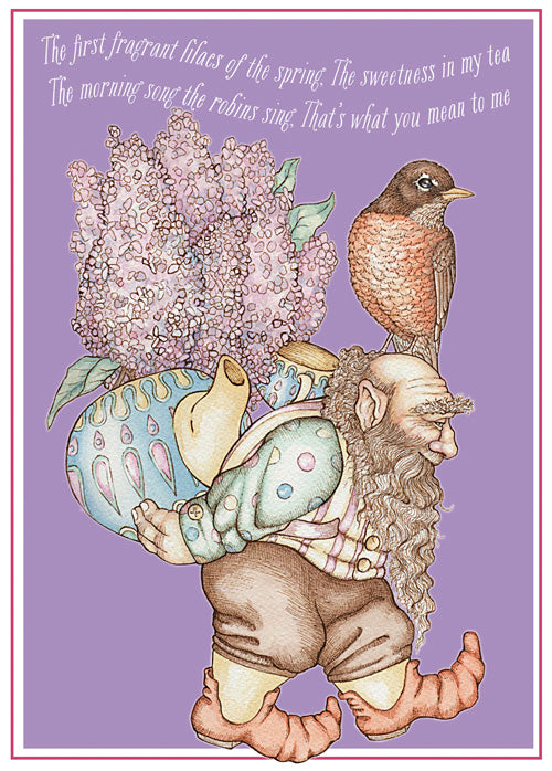 Gnome with Lilacs & Robin Card